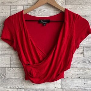 Red‎ Lulus shirt short-sleeve wrap crop top stretch women’s XS